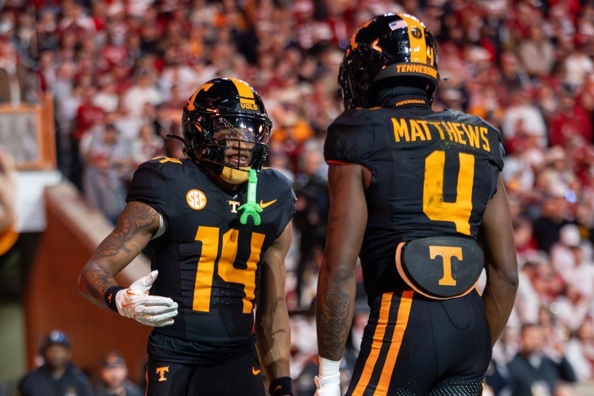 Braylon Staley (14) and Mike Matthews (4) celebrate during a game against Oklahoma at Neyland Stadium. Saturday, Nov. 1, 2025.
