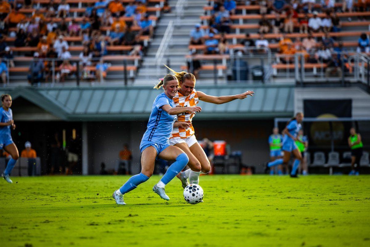 Tennessee Lady Volunteers face North Carolina in a soccer match. Thursday, Aug. 14, 2025.