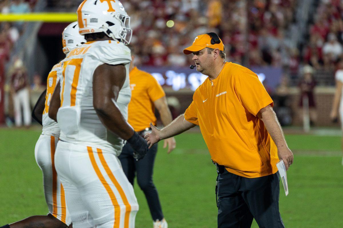 Josh Heupel high-fives players after a touchdown during a game against Oklahoma at Gaylord Family - Oklahoma Memorial Stadium in Norman. Saturday, Sept. 21, 2024.