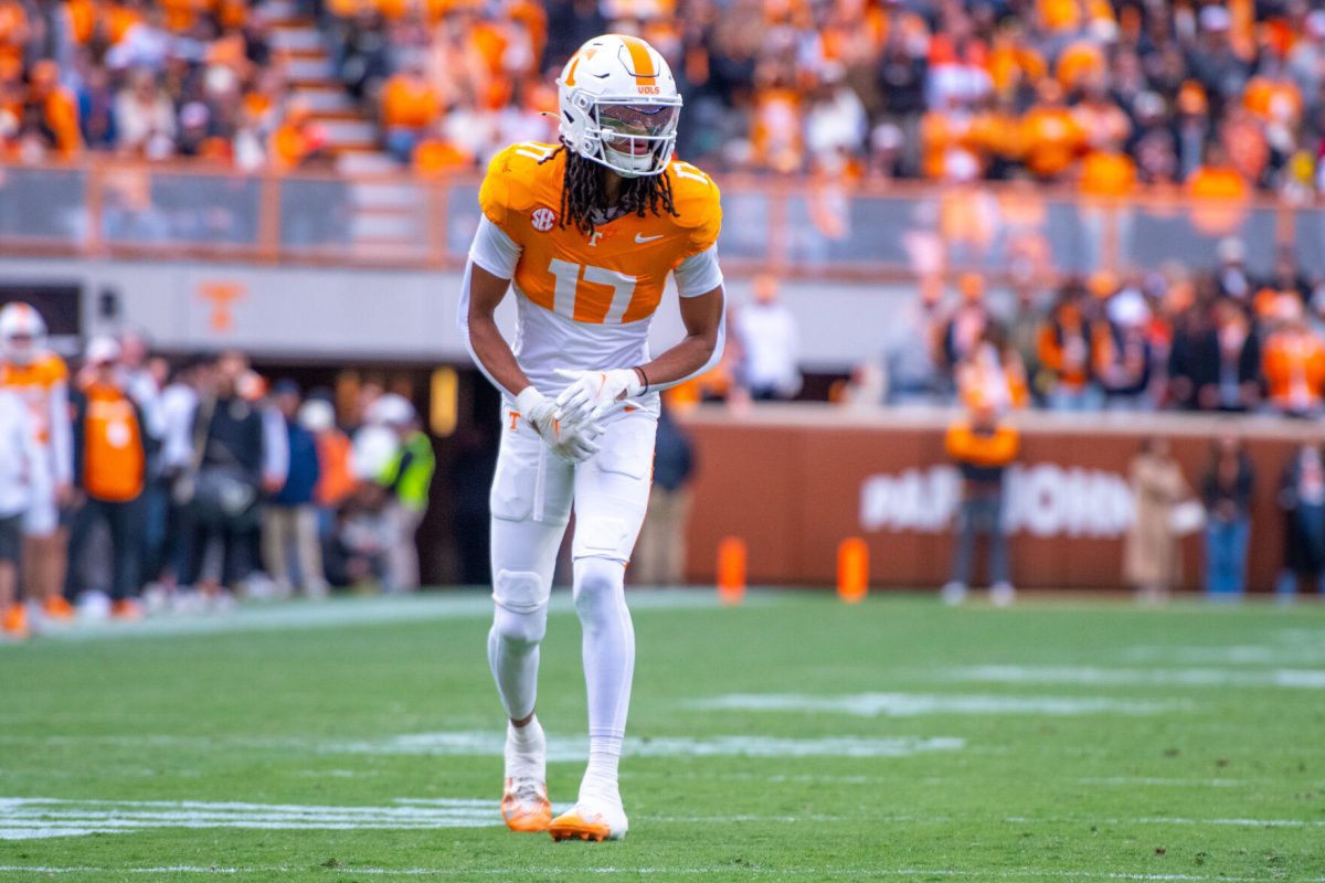 Chris Brazzell II (17) lines up for a play during a game against Vanderbilt at Neyland Stadium. Saturday, Nov. 29, 2025.
