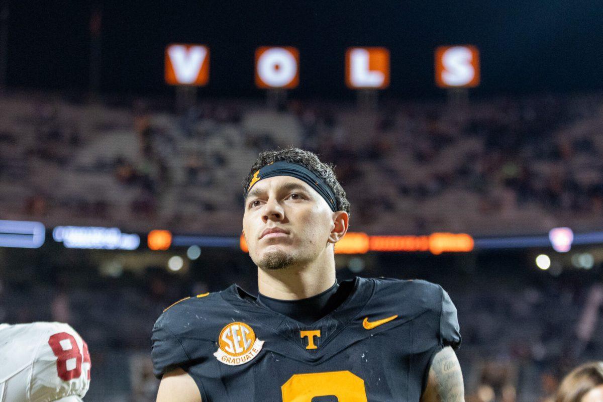 Joey Aguilar (6) exits the field after a loss to Oklahoma at Neyland Stadium. Saturday, Nov. 1, 2025.