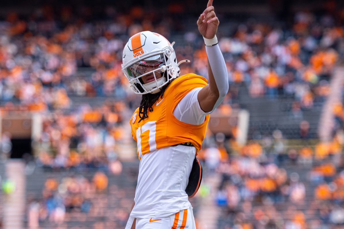 Chris Brazzell II (17) warms up before a game against Vanderbilt at Neyland Stadium. Saturday, Nov. 29, 2025.