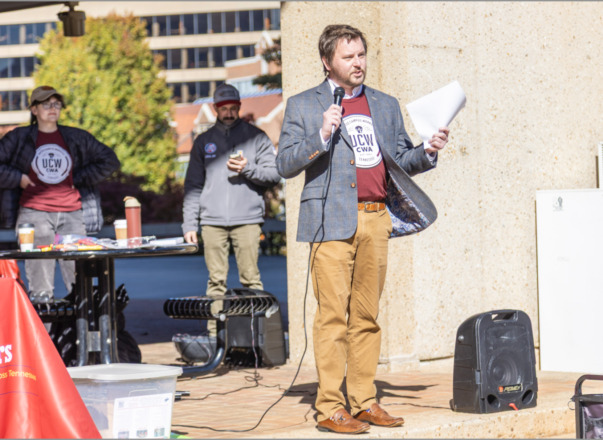 A member of the United Campus Workers protest speaks on Wednesday, Nov. 12.