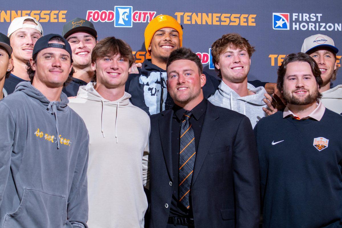 Tennessee baseball players visit Josh Elander's introductory press conference as the new head coach of the program. Monday, Oct. 27, 2025.