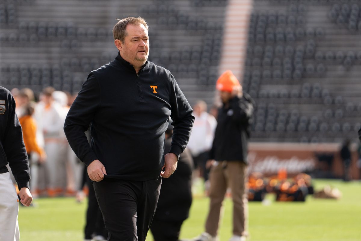 Tennessee's head coach Josh Heupel walking the field before the Vols take on Vanderbilt at Neyland Stadium. Saturday, Nov. 29, 2025.