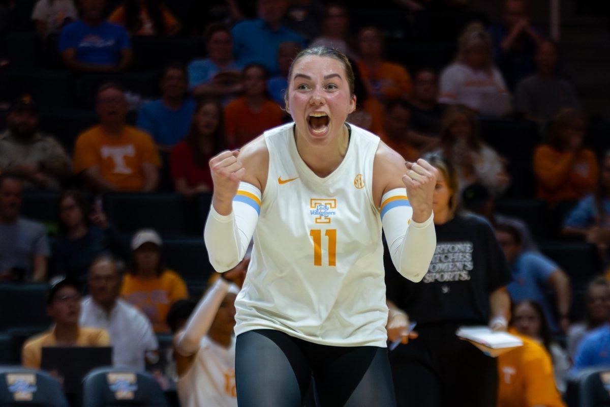 Caroline Kerr (11) cheers during a game against Georgia at Food City Center. Wednesday, Sept. 24, 2025.