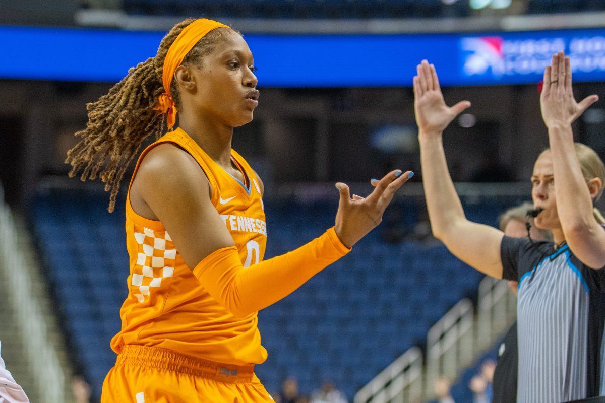 Janiah Barker (0) celebrates a three during a game against North Carolina State at First Horizon Coliseum. Tuesday, Nov. 4, 2025.