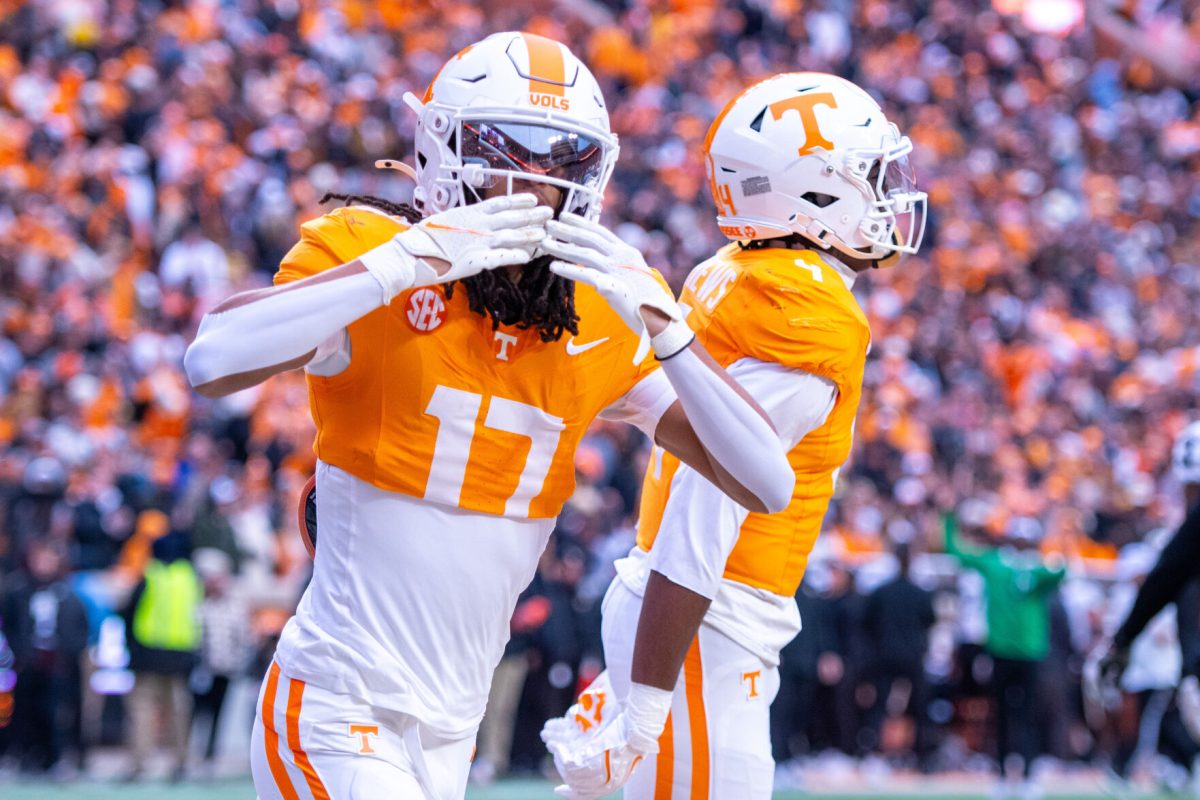 Chris Brazzell II (17) celebrates a touchdown during a game against Vanderbilt at Neyland Stadium. Saturday, Nov. 29, 2025.