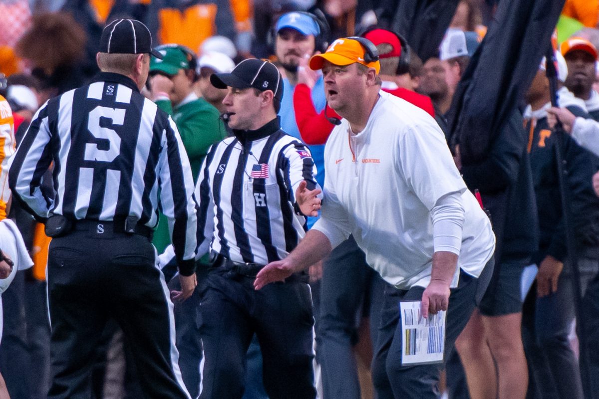 Tennessee head football coach Josh Heupel argues a foul call during a game against Vanderbilt at Neyland Stadium. Saturday, Nov. 29, 2025.