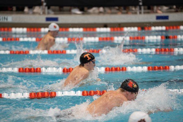 Gabe Nunziata races in the 100m breaststroke against Louisville and Auburn at the Allan Jones Intercollegiate Center. Thursday, Oct. 30, 2025.