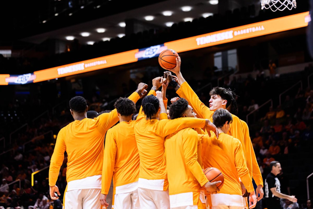 The Men's basketball team gets hyped up before the game against Rice in Thompson-Boling Arena at Food City Center. Monday, Nov. 17, 2025.
