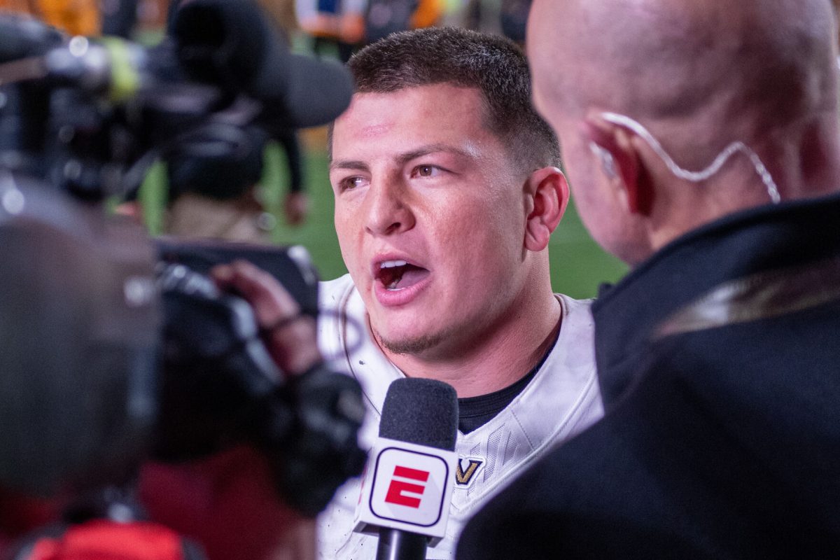 Vanderbilt's Diego Pavia (2) is interviewed following a victory over Tennessee at Neyland Stadium. Saturday, Nov. 29, 2025.