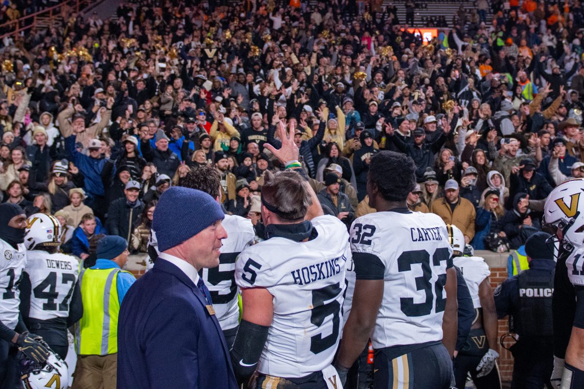 The Vanderbilt Commodores celebrate a victory over the Tennessee Volunteers at Neyland Stadium. Saturday, Nov. 29, 2025.