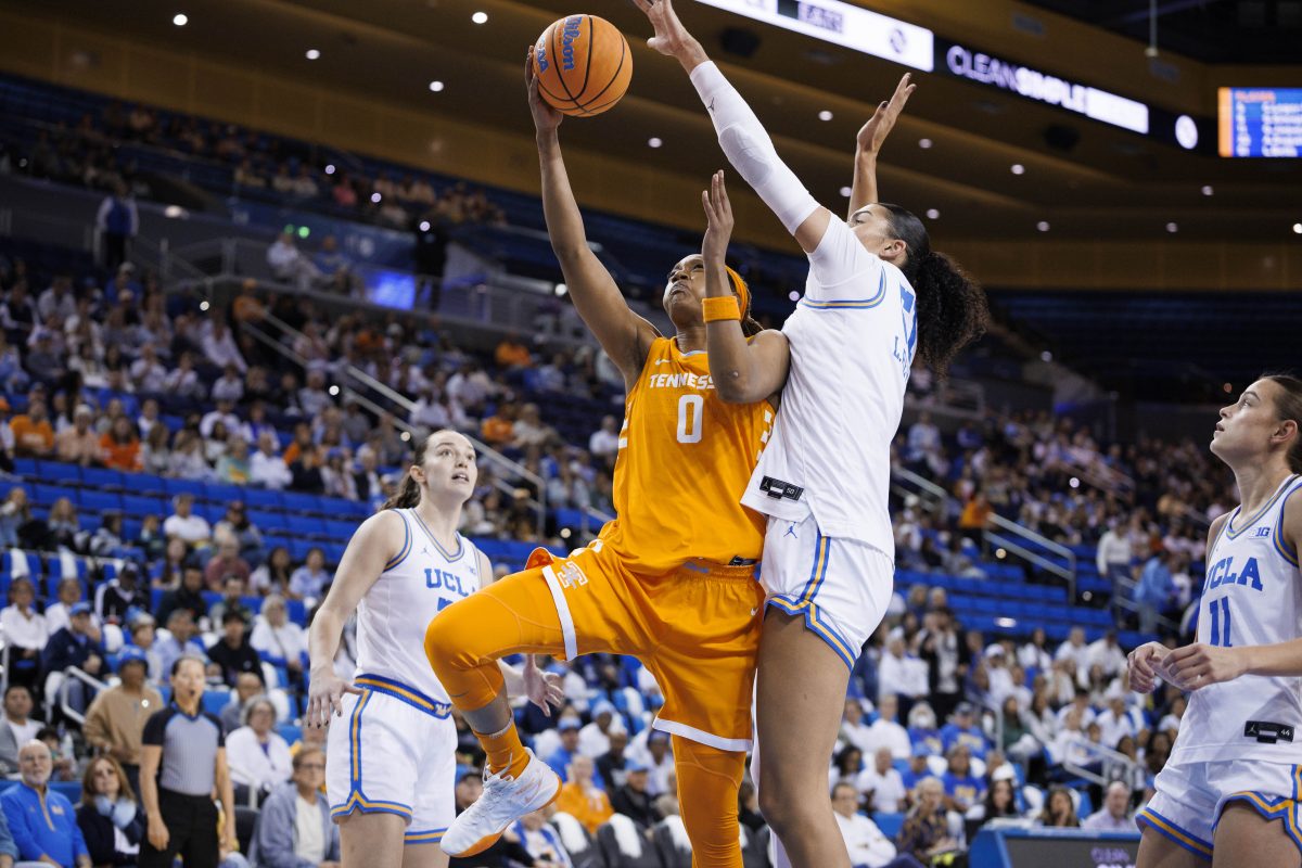 LOS ANGELES, CA - November 30, 2025 - Forward Janiah Barker #0 of the Tennessee Lady Volunteers during the game between the UCLA Bruins and the Tennessee Lady Volunteers at Pauley Pavilion in Los Angeles, CA. Photo By Kate Luffman/Tennessee Athletics