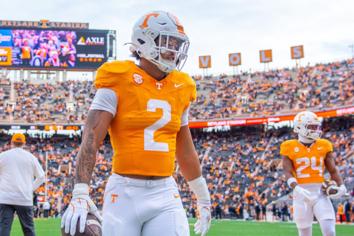 Peyton Lewis (2) warms up for a game against Vanderbilt at Neyland Stadium. Saturday, Nov. 29, 2025.