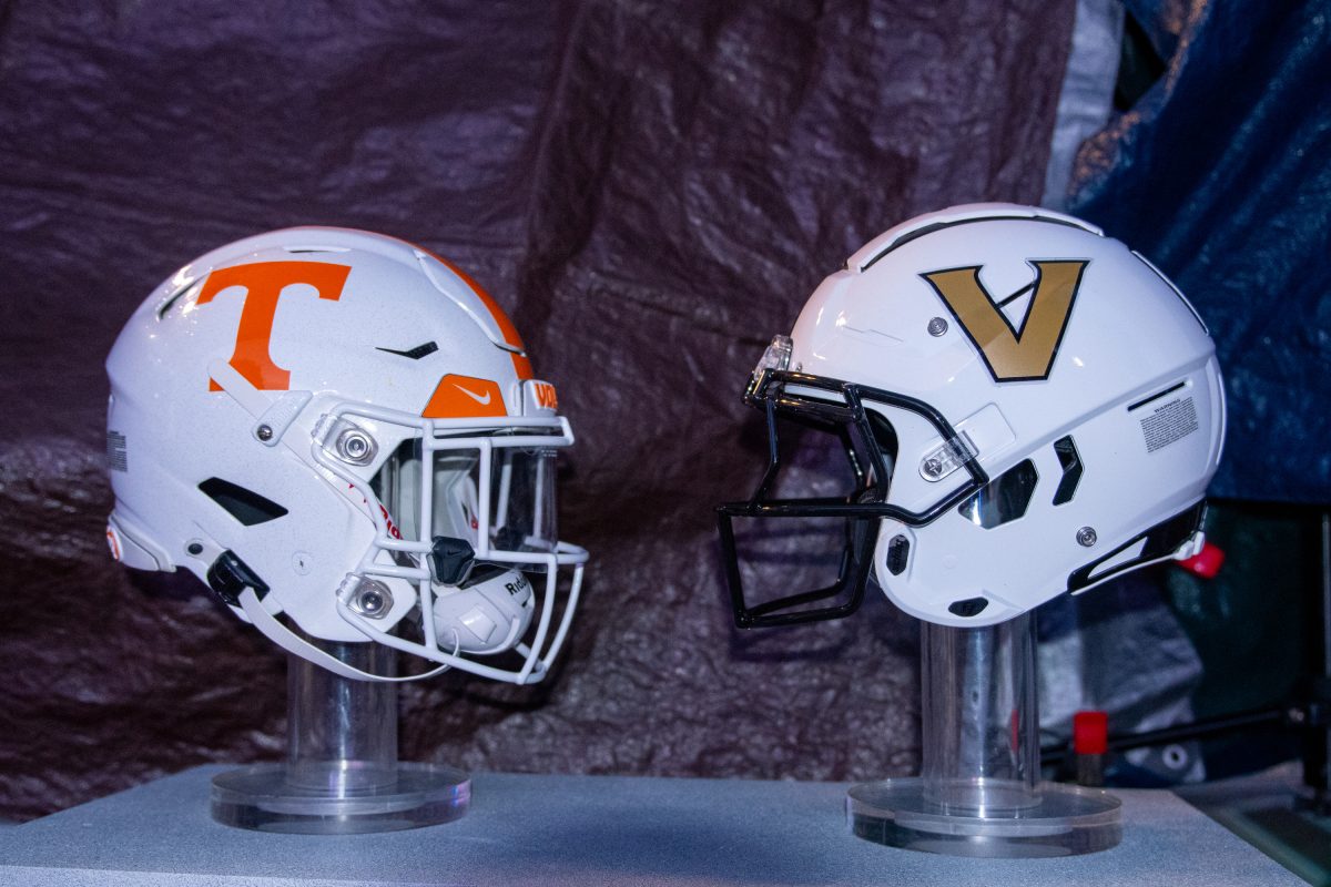 Tennessee and Vanderbilt football helmets at SEC Nation stage ahead of the 120th meeting between schools. Saturday, Nov. 29, 2025. 