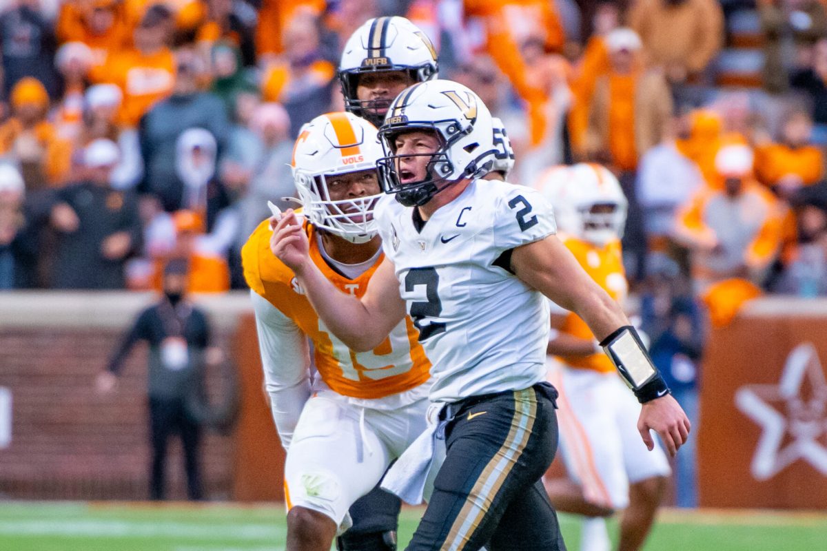 Tennessee's Joshua Josephs (19) taunts Vanderbilt's Diego Pavia (2) during a game between the Vols and Commodores at Neyland Stadium. Saturday, Nov. 29, 2025.