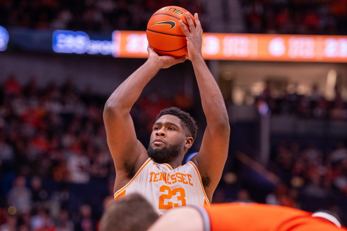 Jaylen Carey (23) shoots a free throw during a game against Illinois at Bridgestone Arena. Saturday, Dec. 6, 2025.