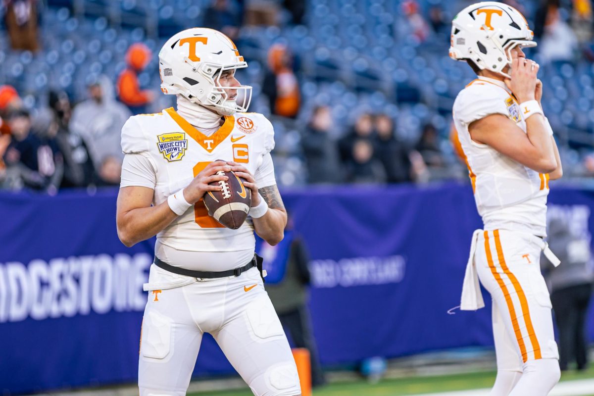 Joey Aguilar (6) warms up before the Music City Bowl against Illinois at Nissan Stadium. Tuesday, Dec. 30, 2025.