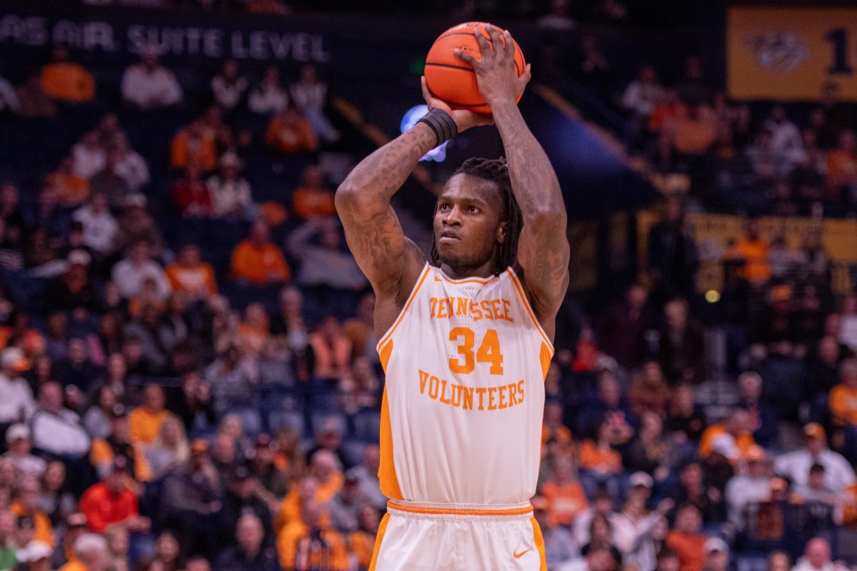 Felix Okpara (34) shoots the ball during a game against Illinois at Bridgestone Arena. Saturday, Dec. 6, 2025.