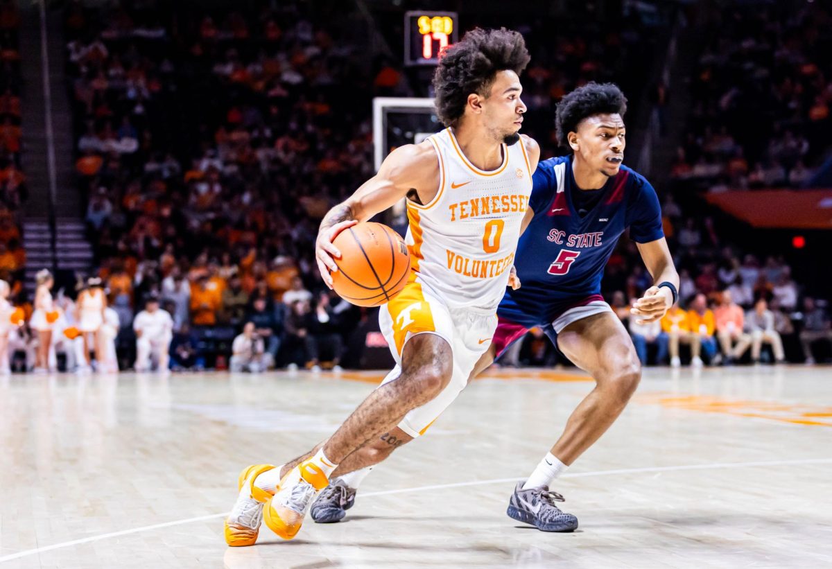 Ja'Kobi Gillespie (0) drives toward the basket during the game against South Carolina State in Thompson-Boling Arena at Food City Center. Tuesday, Dec. 30, 2025. 