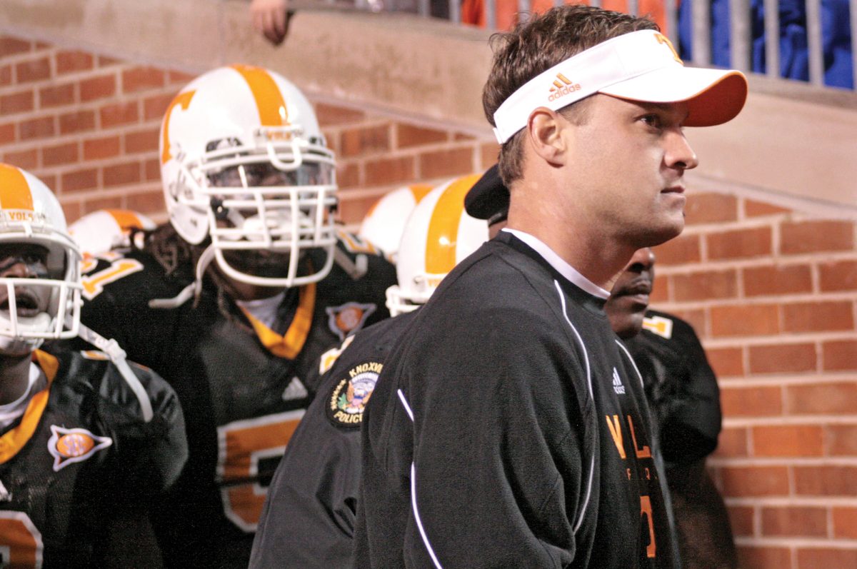 Lane Kiffin waits to lead the team on the field before a game against South Carolina on Saturday, Oct. 31, 2009. Former head coach Kiffin was one of the main targets of a 26 page NCAA Notice of Allegations received by the university on Tuesday, Feb. 22.