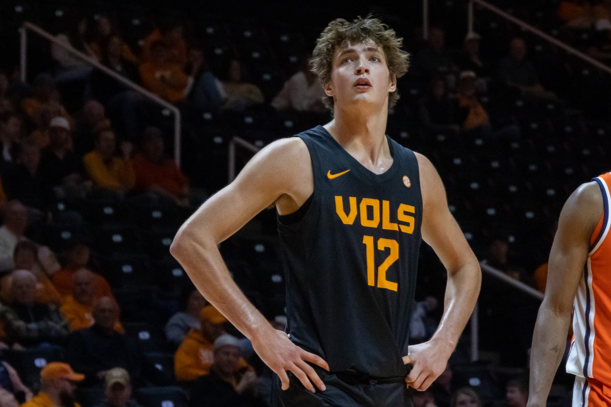 Cade Phillips (12) in a "Dark Mode" jersey during a game against Syracuse at Thompson-Boling Arena at Food City Center. Tuesday, Dec. 3, 2024.