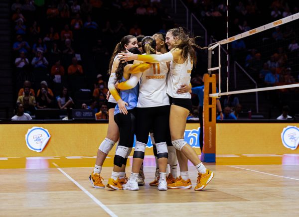 The Lady Vols celebrate after scoring on Georgia Tech in Thompson-Boling Arena at Food City Center. Tuesday, Sept. 9, 2025