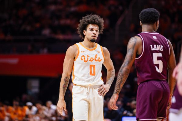 Ja'Kobi Gillespie (0) waits before an out-of-bounds play during a game against Texas A&M at Food City Center. Jan. 13, 2026