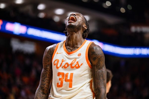 Felix Okpara (34) screams in relief after the referee's call during a game against Texas A&M at Food City Center. Jan. 13, 2026