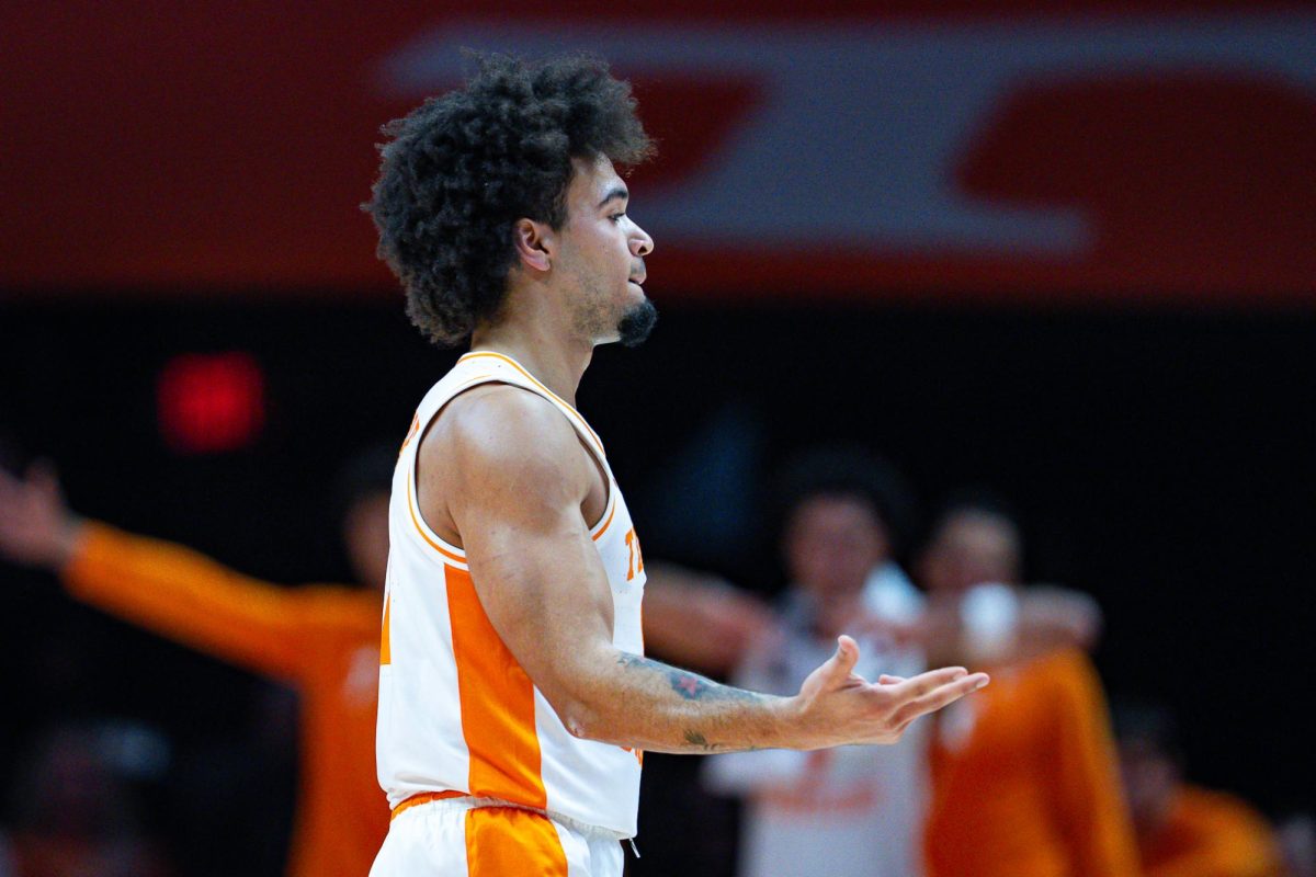 Ja'Kobi Gillespie (0) celebrates during a game against Texas at Food City Center. Tuesday, Jan. 6, 2026.