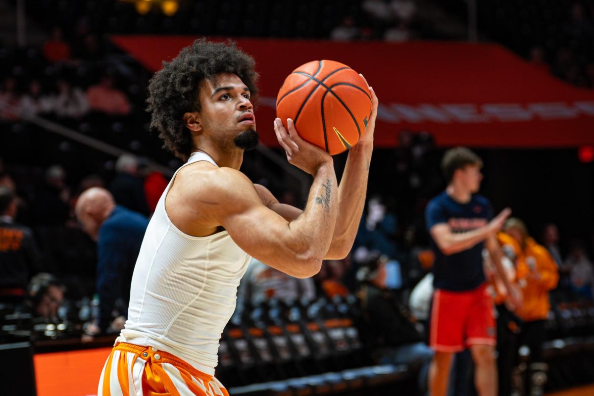 Ja’Kobi Gillespie (0) warms-up prior to a game against Auburn at Food City Center, Saturday, Jan. 31, 2026.