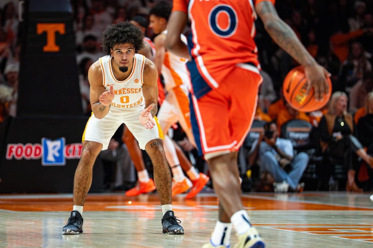 Ja'Kobi Gillespie (0) guards an Auburn player bringing the ball up the floor at Food City Center. Saturday, Jan. 31, 2026. 