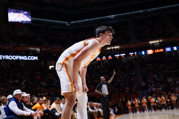 J.P. Estrella (13) stands in the corner during a game against Texas A&M at Food City Center. Tuesday, Jan. 13, 2026.