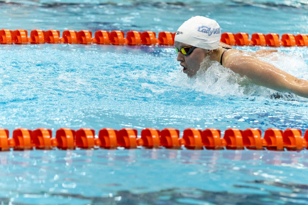 Ella Jansen approaches the finish line in the Womens 200Y Butterfly against Duke at the Allan Jones Aquatic Center. Friday, January 30th, 2026. 