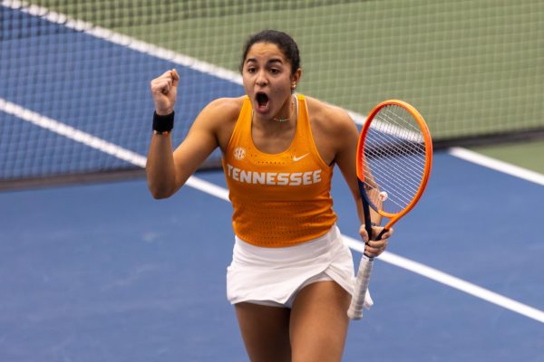 Vanesa Suarez cheers during a match against Clemson at Goodfriend Tennis Center. Saturday, Jan. 24, 2026.