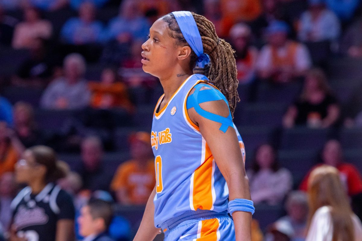 Janiah Barker (0) walks over to shoot free throws after being fouled during a game against Mississippi State at Food City Center. Thursday, Jan. 29, 2026.