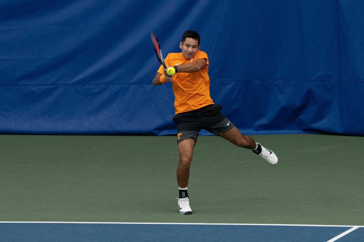Jose Garcia returns a serve during a match against ETSU at Goodfriend Tennis Complex. Friday, Jan. 9, 2026.