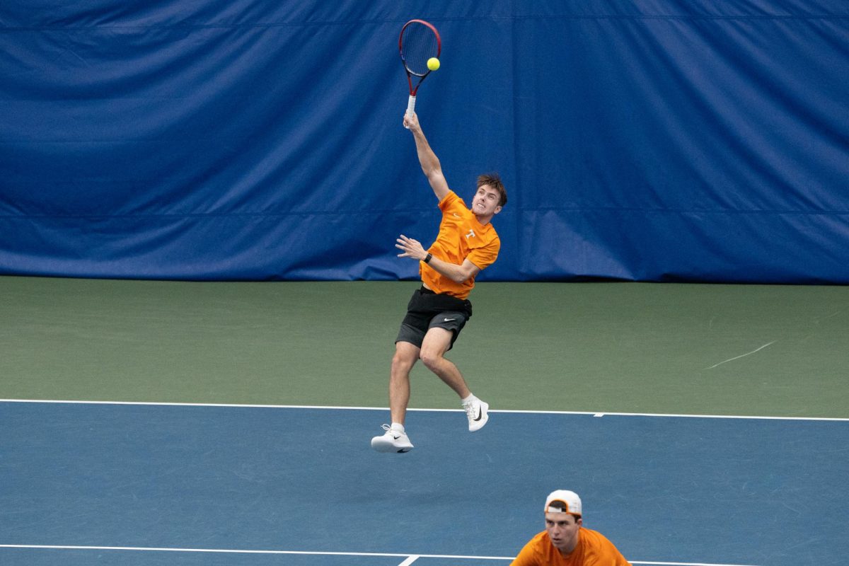 Ethan Muza returns a volley against ETSU during a match at Goodfriend Tennis Complex. Friday, Jan. 9, 2026.