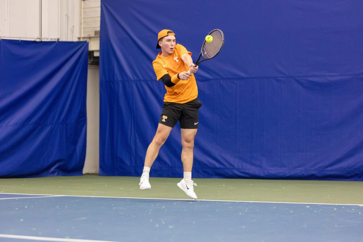 Alejandro Moreno hits against Illinois at Goodfriend Indoor Tennis Center. Saturday, Jan. 25, 2025. 