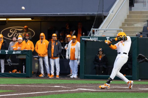 Manny Marin (4) hits a 2 run homer against Bellarmine at Lindsey Nelson Stadium. Tuesday, Feb. 24, 2026.