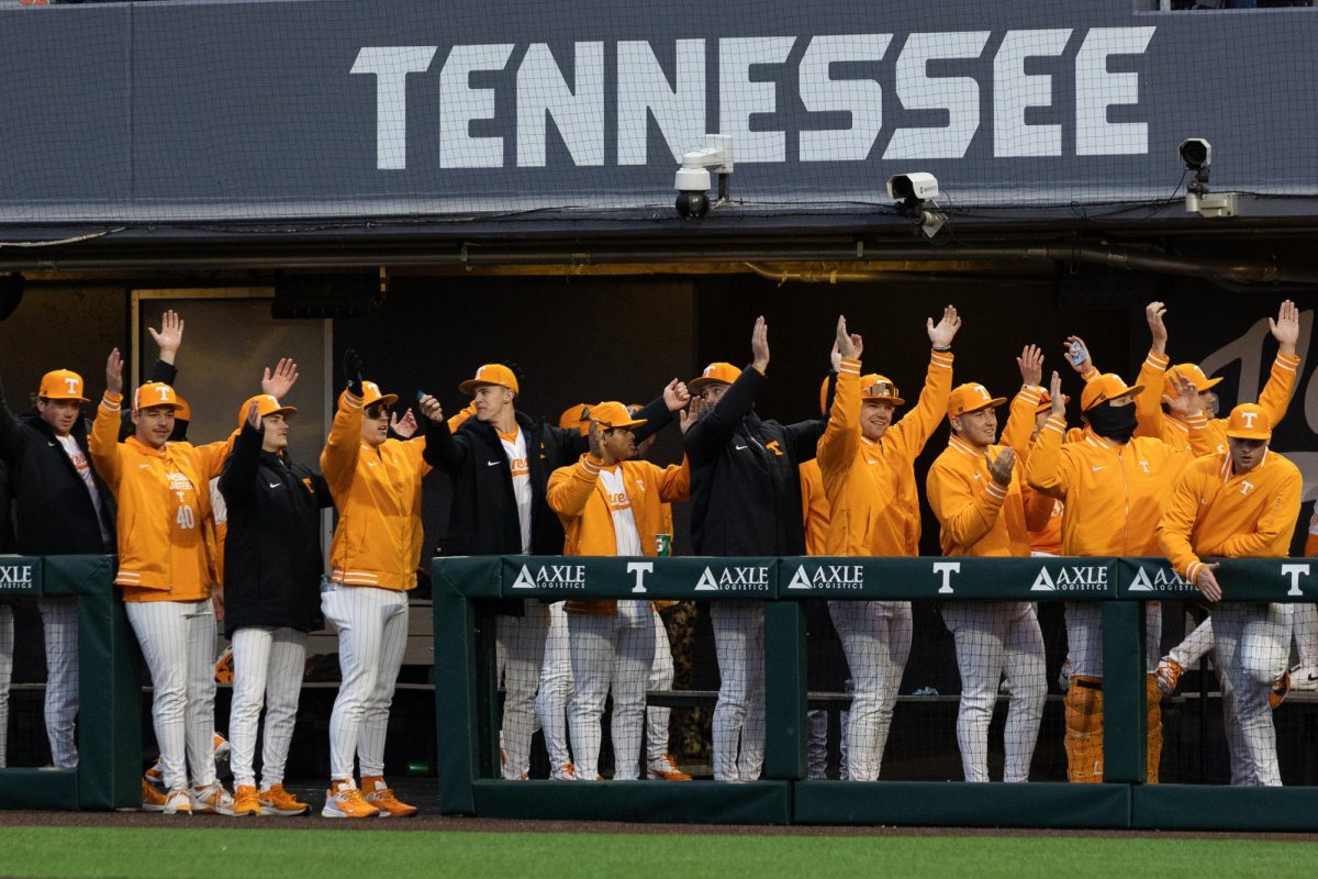 The Vols dugout celebrates and hypes up the crowd against Bellarmine at Lindsey Nelson Stadium. Tuesday, Feb. 24, 2026.