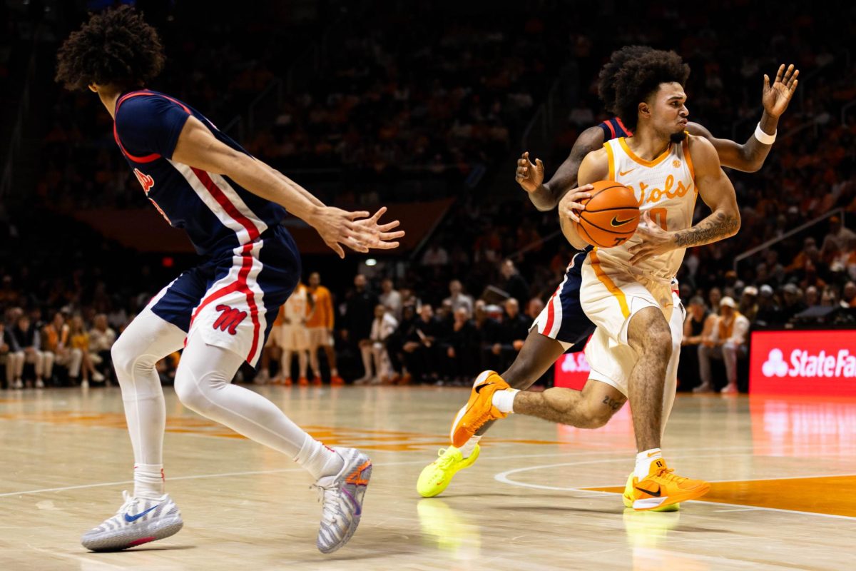 Jakobi Gillespie (0) drives the ball toward the basket against Ole Miss at Food City Center. Tuesday, February 3rd, 2026.