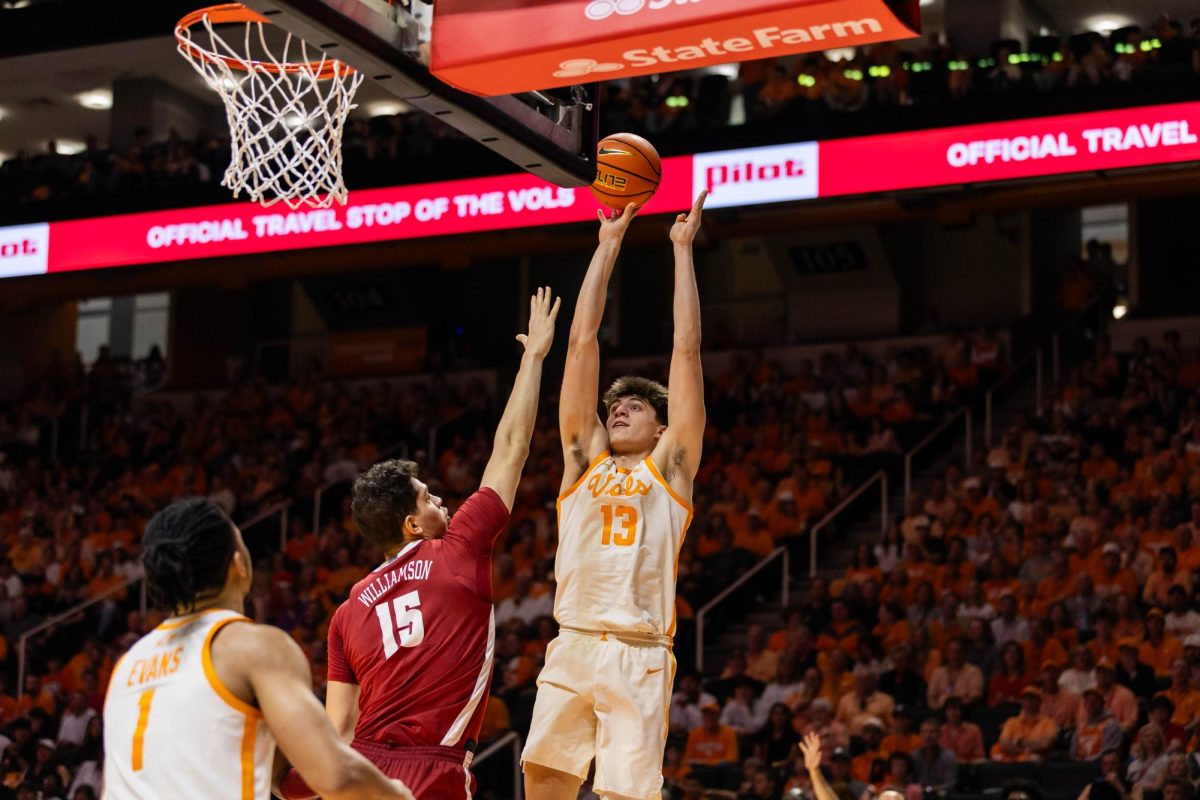 JP Estrella (13) attempts a jump shot in a game against Alabama at Food City Center. Saturday, Feb. 28th, 2026.