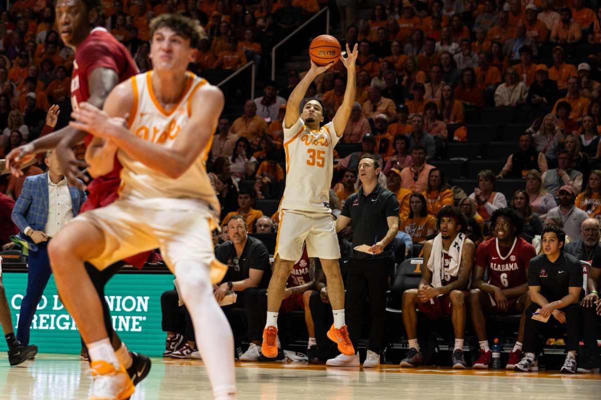 Ethan Burg (35) attempts a three-pointer in a game against Alabama at Food City Center. Saturday, Feb. 28th, 2026. 