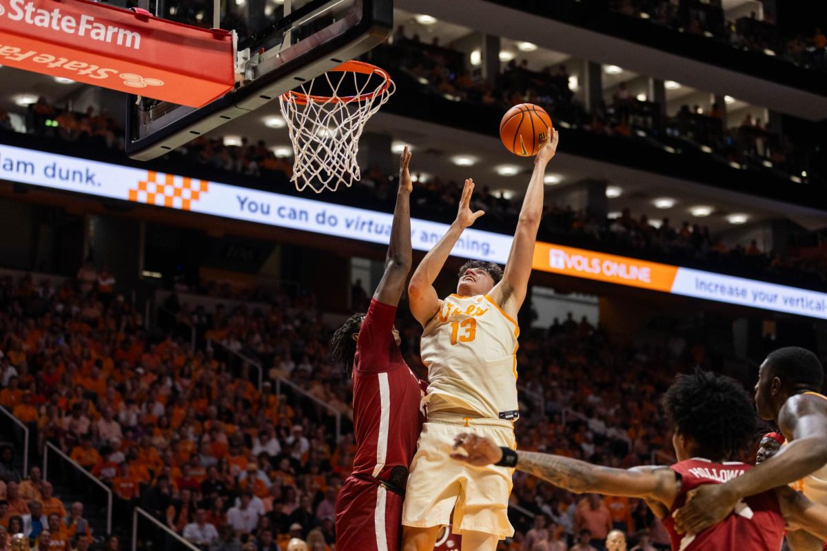 JP Estrella (13) attempts a jump shot in a game against Alabama at Food City Center. Saturday, Feb. 28th, 2026.