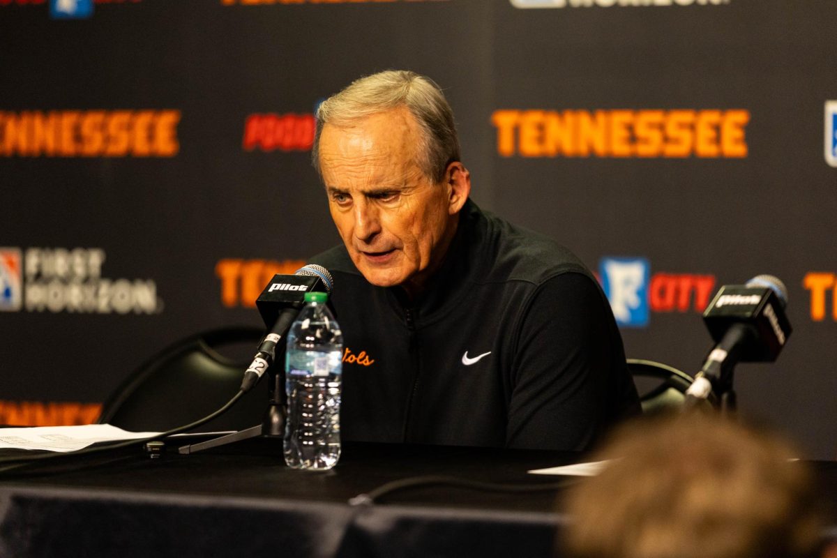 Rick Barnes answers questions from the press following the game against Ole Miss at Food City Center. Tuesday, Feb. 3, 2026.