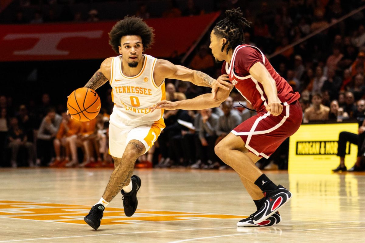 Jakobi Gillespie (0) protects the ball from an Oklahoma defender at Food City Center. Wednesday, Feb. 18th, 2026.