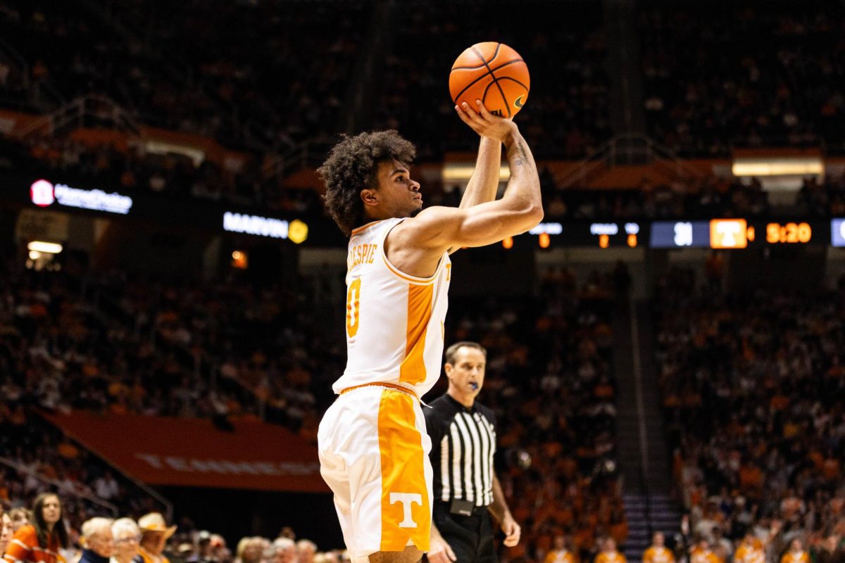 Tennessee basketball guard Ja'Kobi Gillespie releases a jump shot in a game against Oklahoma at Food City Center. Wednesday, Feb. 18, 2026.