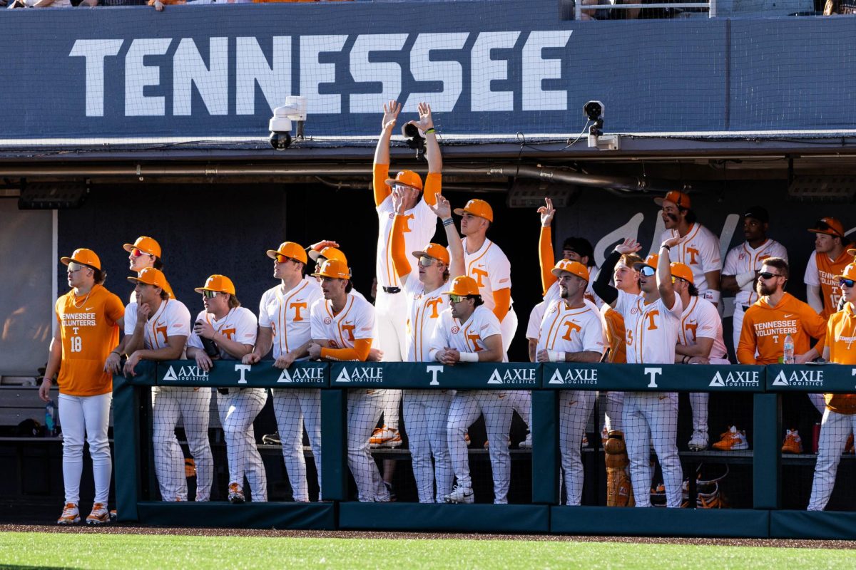 The Tennessee baseball dugout celebrates following a hit in a game against Kent State at Lindsey Nelson Stadium. Friday, Feb. 20th, 2026.